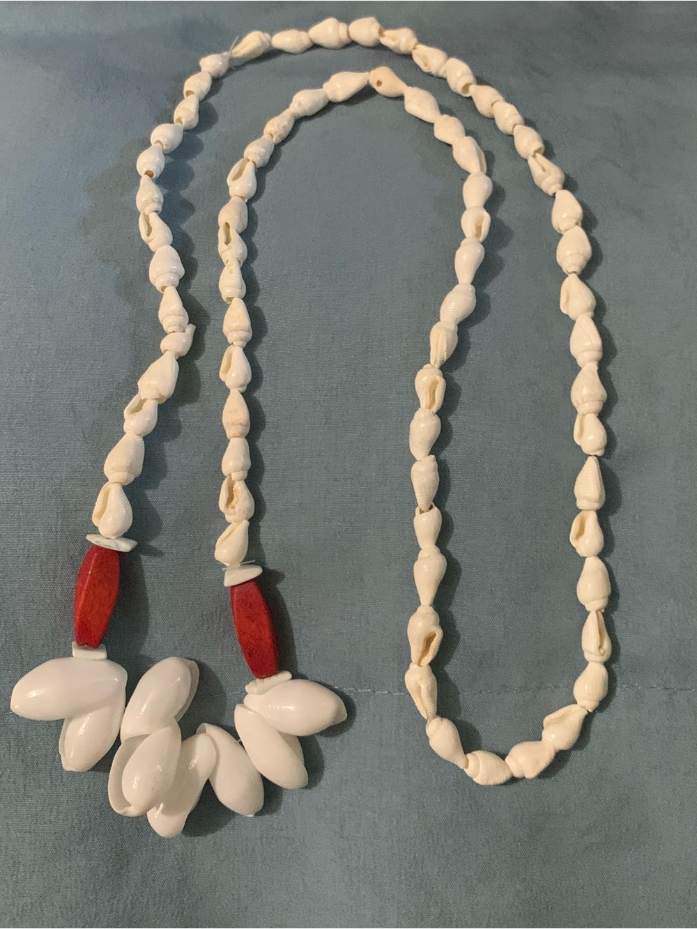 Handcrafted White Shell Hawaiian Necklace with Red Accent Beads